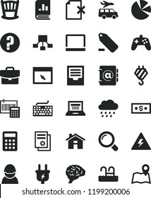 solid black flat icon set house vector, danger of electricity, laptop, keyboard, remove label, archive, question, cradle, rainy cloud, hook, calculation, magnifier, address book, suitcase, plug, map