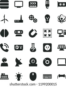 solid black flat icon set camera vector, gears, power socket type b, bulb, size, flask, windmill, hydroelectric station, conveyor, mercury light, horseshoe magnet, operator, phone call, computer