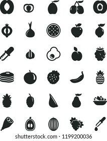 solid black flat icon set a plate of fruit vector, grill chicken leg, garlic, fried egg, strawberries, apple, pancakes, half apricot, branch grape, quince, red, medlar, blackberry, mulberry, melon