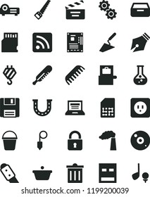 solid black flat icon set laptop vector, bin, rss feed, movie cracker, mercury thermometer, comb, hook, trowel, arm saw, bucket, power socket type b, plummet, knife, lock, drawer, flask, manufacture