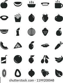solid black flat icon set vector e, stick of sausage, piece pizza, mini hot dog, slices onion, porridge, a plate milk, tomato, carrot, French fries, cup tea, strawberry, orange, ripe peach, quince