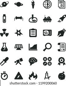 solid black flat icon set math actions vector, planet, space rocket, research article, scientific publication, flask, test tube, telescope, electricity, nuclear, zoom, brain, pipette, oscilloscope