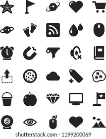 solid black flat icon set heart symbol vector, silent mode, add label, rss feed, pennant, footprints, bucket, alarm clock, eye, lens, move up, pizza, omelette, apple, drop, horseshoe magnet, mouse