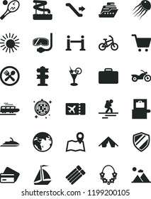 solid black flat icon set earth vector, train, sail boat, bike, motorcycle, backpacker, escalator, rope barrier, suitcase, baggage scanner, plane ticket, credit card, tent, sun, hawaii wreath, cafe