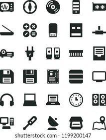 solid black flat icon set floppy disk vector, laptop, archive, electronic thermometer e, CD, math actions, electric plug, satellite antenna, goal woman, wall watch, computer, notebook pc, tower, usb