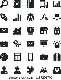solid black flat icon set briefcase vector, line chart, negative histogram, bath ball, Puzzle, ladder, buildings, alarm clock, notebook, smartphone, pile, address book, operator, folded shirt, kiosk