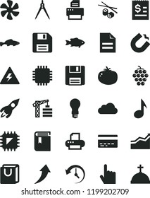 Solid Black Flat Icon Set Danger Of Electricity Vector, Floppy Disk, Bank Card, Scribbled Paper, Book, Tower Crane, Index Finger, Bag With Handles, Tomato, Chinese Chopsticks, Small Fish, Light Bulb