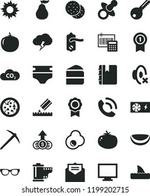 solid black flat icon set monitor vector, silent mode, camera roll, dummy, diaper, key, door knob, drawing, calculation, received letter, notebook, storm cloud, phone call, pizza, piece of cake, CO2