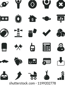 solid black flat icon set mark of injury vector, check, baby carriage, bath ball, toy mobile phone, put in a box, planet, move down, small fish, branch grape, plum, blueberries, delicious, onion