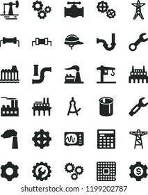 solid black flat icon set crane vector, gears, cogwheel, sewerage, helmet, gear, working oil derrick, valve, water pipes, manufacture, factory, hydroelectricity, power line, pole, enterprise, three