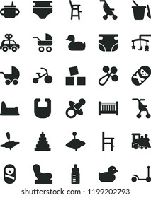 solid black flat icon set baby cot vector, toys over the cradle, dummy, mug for feeding, bottle, diaper, nappy, bib, rattle, chair, stroller, carriage, summer, sitting, rubber duck, duckling, potty