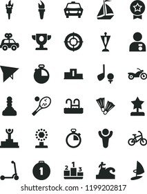 solid black flat icon set stopwatch vector, motor vehicle present, child Kick scooter, timer, car, pedestal, flame torch, winner, podium, prize, cup, pawn, star reward, man with medal, pennant, aim