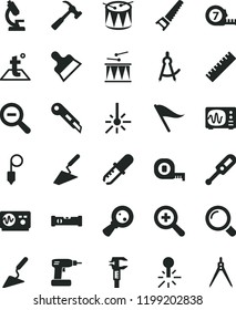 solid black flat icon set yardstick vector, zoom, out, wind direction indicator, electronic thermometer e, drumroll, drum, trowel, building, cordless drill, hand saw, measuring tape, long meashuring
