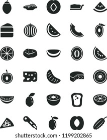 solid black flat icon set stationery knife vector, piece of cheese, pizza, slices onion, cake, slice, meat, orange, sandwich, plum, water melon, half mango, peach, tangerine, cherry, lemon, kiwi