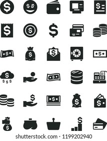 solid black flat icon set strongbox vector, cards, coins, shopping basket, column of, denomination the dollar, article on, financial item, get a wage, catch coin, wallet, purse, dollars, cash, rain