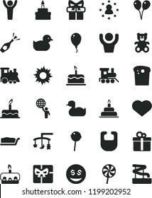 solid black flat icon set heart symbol vector, toys over the cradle, bib, rubber duck, baby duckling, teddy bear, toy train, children's, colored air balloons, balloon, cake, birthday, gift, Easter