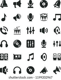 solid black flat icon set bell vector, desktop microphone, horn, loudspeaker, silent mode, drumroll, drum, music, CD, regulator, volume, no sound, phone call, megaphone, pc card, headphones, speaker
