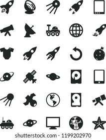 solid black flat icon set monitor vector, counterclockwise, t short, earth, artificial satellite, planet, rocket, space, tablet pc, hdd, telescope, antenna, saturn, lunar rover, flag on moon, first