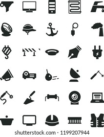 solid black flat icon set laptop vector, horn, hook, trowel, construction helmet, plummet, heating coil, faucet mixer, road fence, core, anchor, screen, lens, plate, manufacture, plug, welding, gas