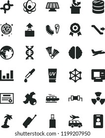 solid black flat icon set column of coins vector, atom, nuclear, dna, brain, satellite, bactery, pipette, growth graph, medal, sun panel, patente, 3d cube, resistor, earth, plane, train, escalator