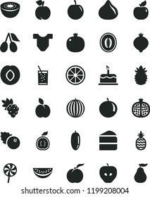 solid black flat icon set Child T shirt vector, cake, piece of, lollipop, a glass soda, blueberries, pineapple, apple, peach, ripe, pomegranate, half, grape, apricot, tasty, plum, cornels, fig, kiwi