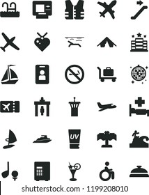solid black flat icon set plane vector, sail boat, airport tower, escalator, security gate, ticket, atm, tent, beach, uv cream, cocktail, disco ball, pool, hospital bed, restaurant, surfing, baggage