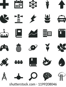 solid black flat icon set calendar vector, upward direction, plus, line chart, book, e, city block, lightning, drop, car, bundle of eggs, torte, mint, pineapple, hot pepper, radish, lighthouse, zoom