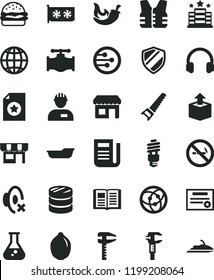 solid black flat icon set silent mode vector, bath, workman, hand saw, book, earth, kiosk, unpacking, burger, chili, lime, valve, energy saving bulb, calipers, caliper, column of coins, newspaper