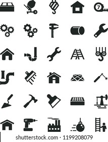 solid black flat icon set house vector, repair key, dwelling, hook, winch, big core, building trowel, concrete mixer, cordless drill, long meashuring tape, ladder, siphon, brick, block, putty knife