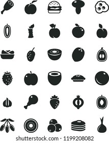 solid black flat icon set burger vector, mushroom, pie, lettuce in a plate, chicken leg, thigh, omelette, apple, pancakes, orange, peach, ripe, raspberry, half of medlar, tasty, blueberries, loquat