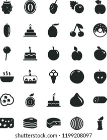 solid black flat icon set cake vector, birthday, sausage, piece of cheese, torte, glazed with a hole, hot porridge, Chupa Chups, cone, omelette, blueberries, apple, pancakes, cherry, peach, tasty