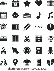 solid black flat icon set scissors vector, calendar, clock face, keyboard, storage unit, children's hairdo, child bicycle, window, frame, interroom door, building block, dangers, wall, star, heart