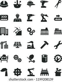 solid black flat icon set tower crane vector, builder, gears, concrete mixer, adjustable wrench, cordless drill, buildings, construction helmet, gear, hammer, solar panel, coal mining, manufacture