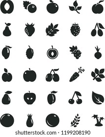 solid black flat icon set beet vector, blueberries, apple, pear, orange, cherry, ripe peach, grape, tasty, strawberry, rose hip, cornels, raspberry, mulberry, mango, half, plum, delicious, carrot