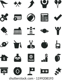 solid black flat icon set wind direction indicator vector, check mark, dummy, baby powder, bath ball, toy phone, children's sand set, colored air balloons, passport, put in a box, planet, plum, ripe