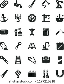 solid black flat icon set open pin vector, iron fork spoons, crane, tower, hook, winch, adjustable wrench, hand saw, arm, stepladder, ladder, gear, knife, stationery, kitchen faucet, anchor, clip