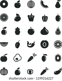 solid black flat icon set chili vector, peper, carrot, fried egg, ripe peach, half pomegranate, apricot, plum, fig, blueberry, tasty mulberry, water melon, slice of, delicious, passion fruit, lemon