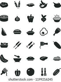 solid black flat icon set deep plate with a spoon vector, iron fork spoons, canned goods, fried vegetables on sticks, onion, slices of, spaghetti, noodles, pie, apple, bowl buckwheat porridge, thigh