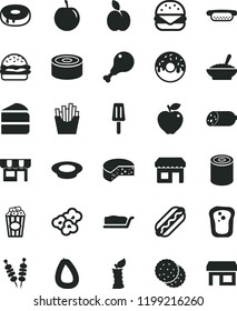 solid black flat icon set kiosk vector, sausage, stick of, cheese, canned goods, tin, fried vegetables on sticks, Hot Dog, mini, big burger, piece cake, slice, with a hole, glazed, plate milk, cup