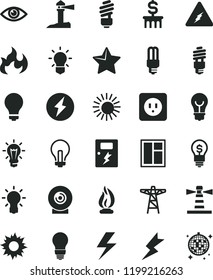 solid black flat icon set lightning vector, matte light bulb, incandescent lamp, window, saving, power socket type b, dangers, star, eye, lens, pole, energy, mercury, lighthouse, coastal, flame, sun