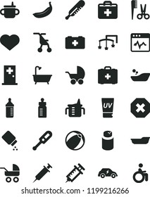 solid black flat icon set heart symbol vector, mark of injury, first aid kit, toys over the cot, mug for feeding, measuring cup, bottle, powder, baby, stroller, carriage, sitting, mercury, bath ball