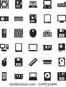 solid black flat icon set floppy disk vector, laptop, monitor, keyboard, processor, computer, tablet pc, notebook, radiator fan, mouse, power supply, tower, motherboard, memory, card, hdd
