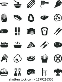 solid black flat icon set plates and spoons vector, a chair for feeding, plastic fork, iron, sausage, stick of, cheese, piece pizza, Hot Dog, mini, burger, spaghetti, noodles, porridge, bacon, chop