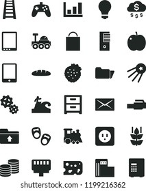 solid black flat icon set matte light bulb vector, paper bag, upload folder, children's train, shoes for little children, stepladder, power socket type b, nightstand, coins, piece of cheese, loaf