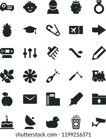 solid black flat icon set right direction vector, upload folder, open pin, baby duckling, children's hairdo, train, spatula, cake, cup of popcorn, peach, blackberry, ripe pineapple, racer, welding
