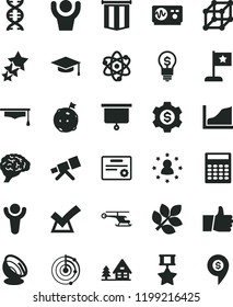 solid black flat icon set thumb up vector, telescope, atom, dna, brain, oscilloscope, graduate hat, calculator, growth graph, radar, satellite antenna, biology, presentation board, 3d cube, winner