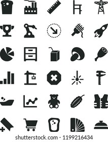 solid black flat icon set mark of injury vector, add bookmark, yardstick, graph, children's bathroom, packing juice with a straw, chair for feeding, small teddy bear, color samples, nightstand, cart