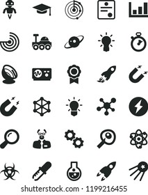solid black flat icon set magnet vector, space rocket, flask, molecule, atom, zoom, bulb, gears, biohazard, pipette, oscilloscope, scientist, graduate hat, artifical insimination, growth graph