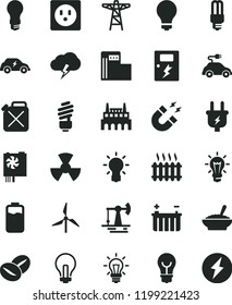 solid black flat icon set matte light bulb vector, incandescent lamp, saving, dangers, storm cloud, a bowl of buckwheat porridge, coffee beans, charge level, working oil derrick, modern gas station