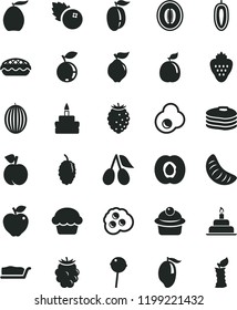 solid black flat icon set birthday cake vector, muffin, slice, apple pie, Chupa Chups, fried egg, omelette, blueberries, strawberry, pancakes, peach, half apricot, quince, red, cornels, blackberry